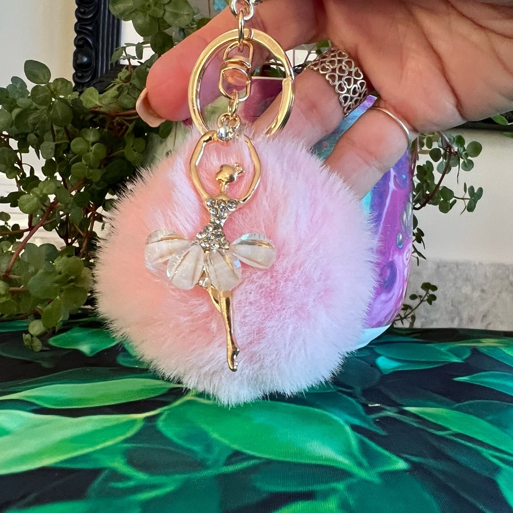 Enamel Ballerina Diamond & Pearl Accent with Pink Pom Pom Purse Charm /Key Charm